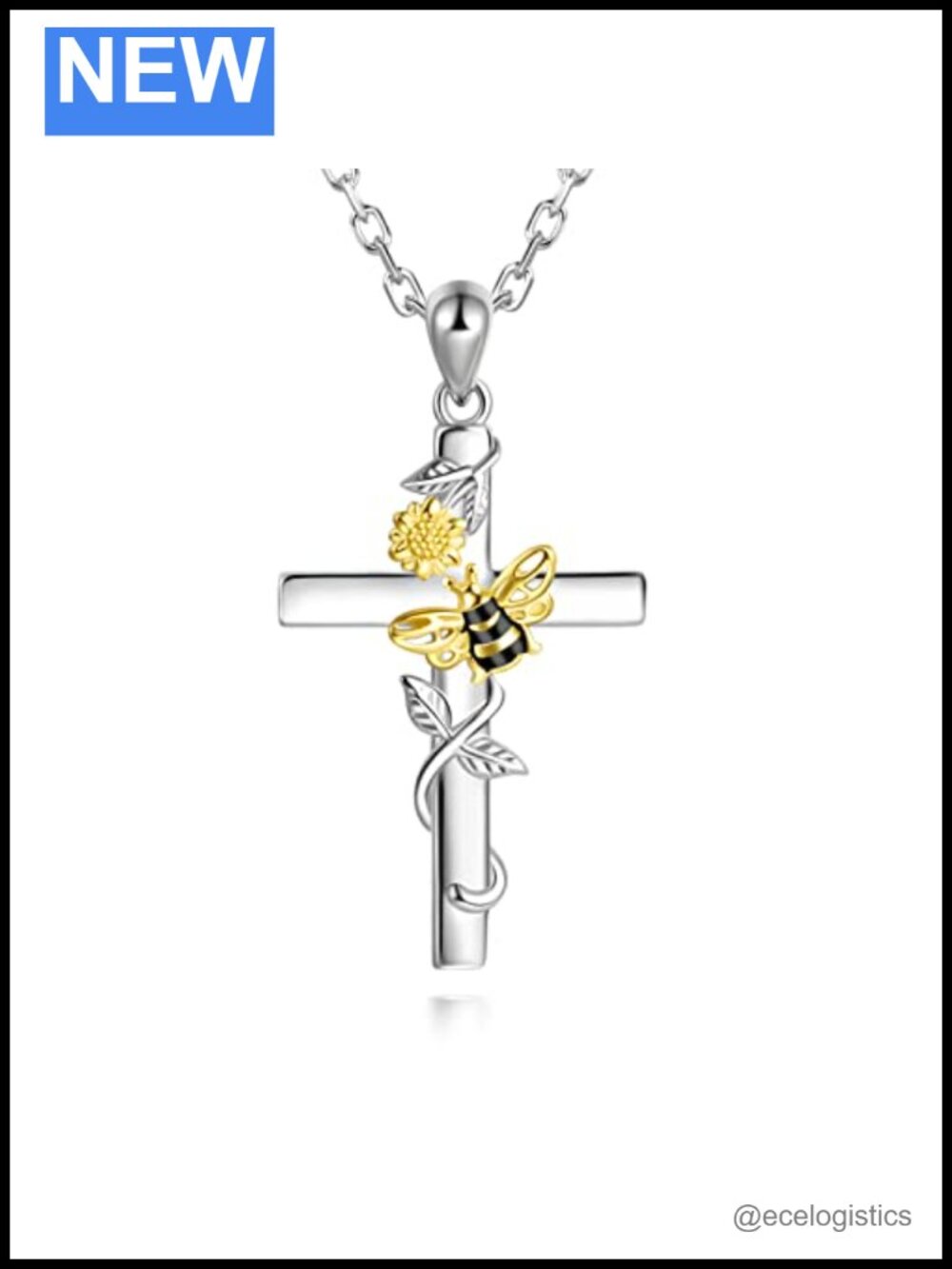 925 Sterling Silver Cross Sunflower Bee Pendant Necklace 20in